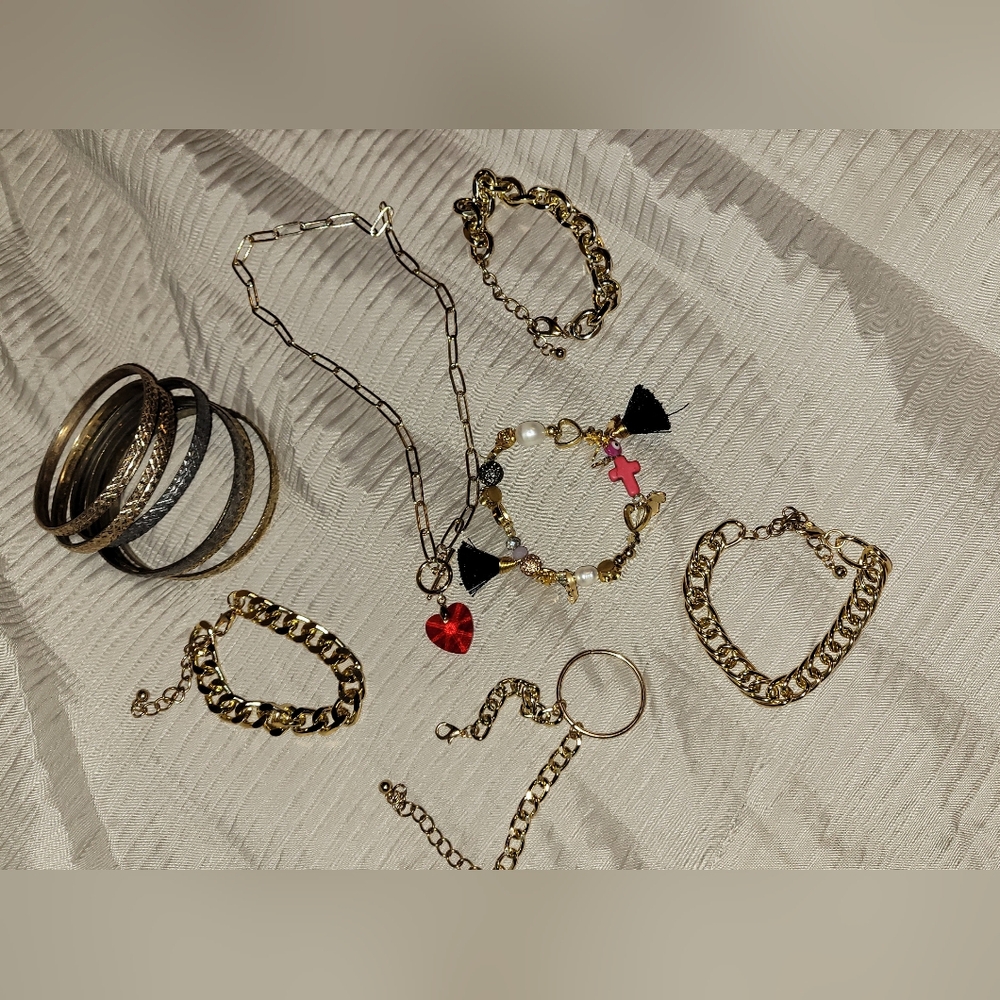 Bundle Of Accessories Gold Bracelets/Red Heart Charm Necklace and Bracelet Set
